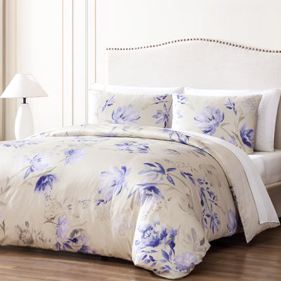 linen egyptian cotton floral print sateen duvet cover set #color_lavender-linens