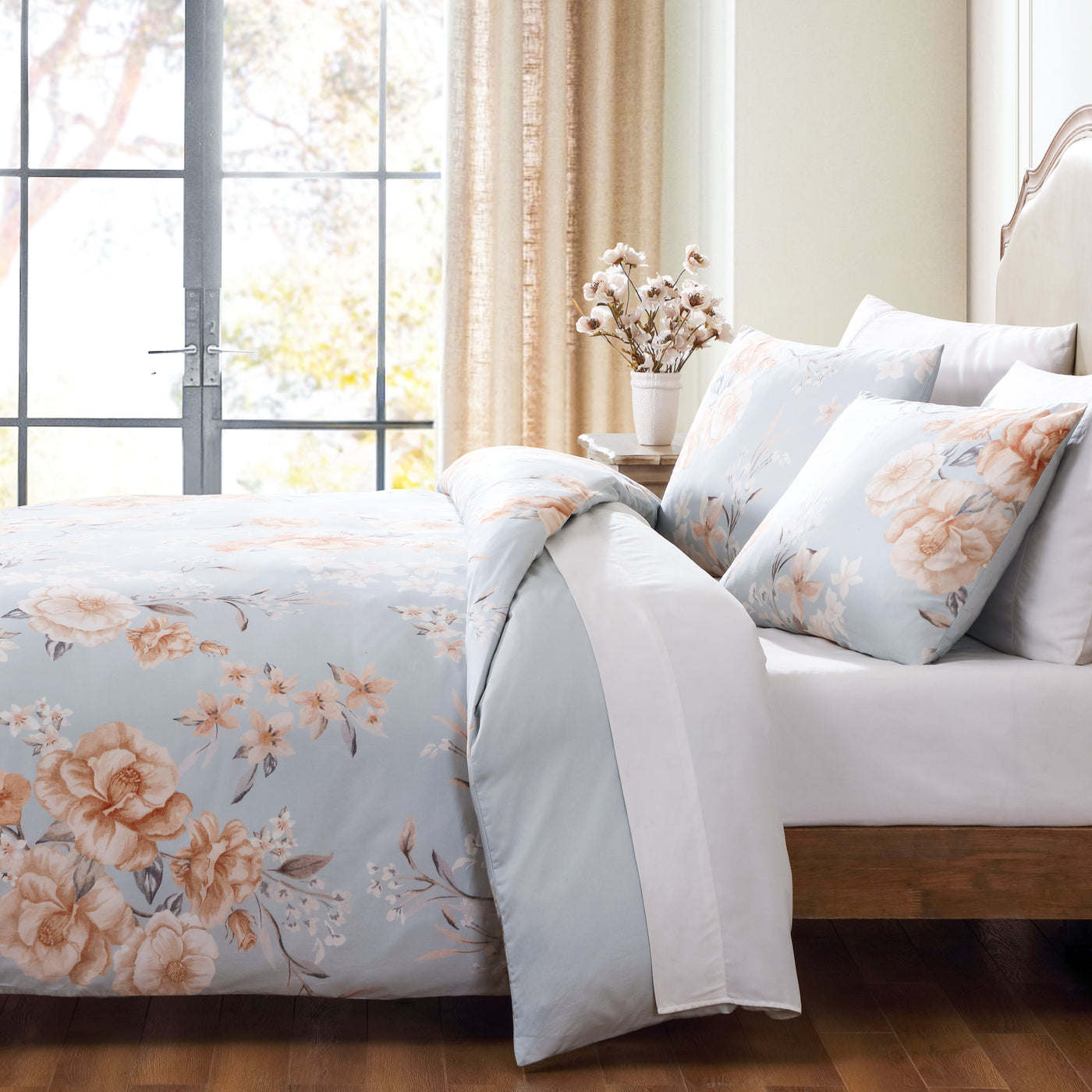 spa apriocot egyptian cotton floral print sateen duvet cover set#color_vintage-spa-garden